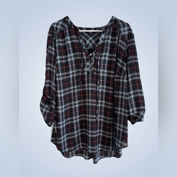 torrid Tops - Torrid Black and Pink Plaid Lace-Up Sheer Blouse